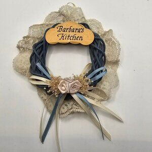 Decorative Kitchen Wreath With "Barbaras Kitchen" Sign Navy Blue Twigs Lace Trim
